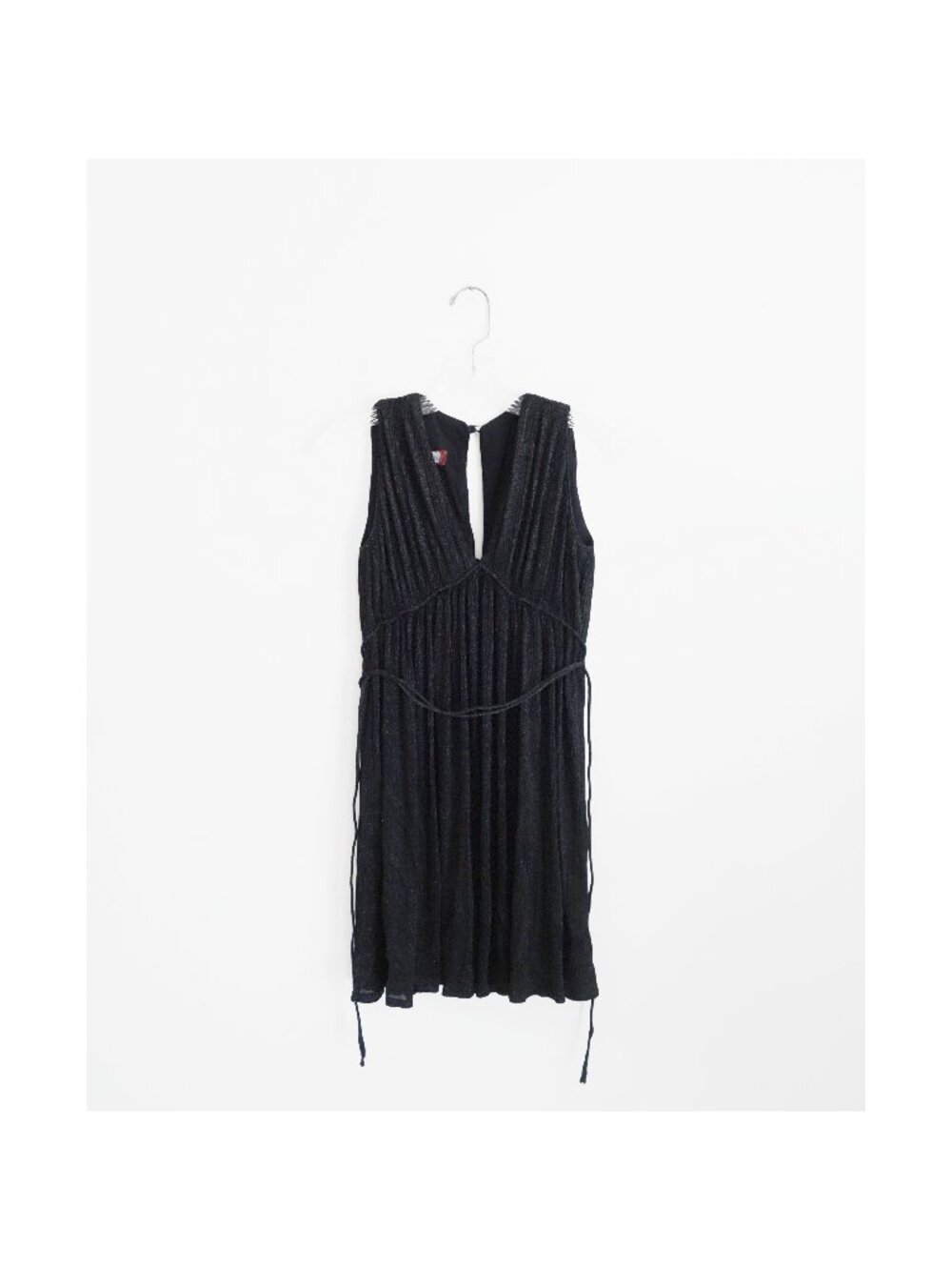 Vtg 60s Bonwit Teller Black Sparkle Pleated Tie Waist Tunic Tent Dress est XS